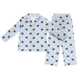This is a Snowy Gingham print pajama set with a long sleeve button-down shirt and pajama pants covered in repeating pet faces[SnowyGinghamLongSleevePajamaShirt&PantsSet]