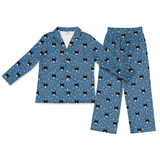 This is a Star of David print pajama set with a long sleeve button-down shirt and pajama pants covered in repeating pet faces[StarofDavidLongSleevePajamaShirt&PantsSet]