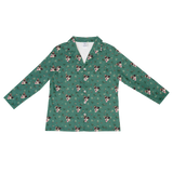 This is a long sleeve button-down pajama shirt in a Mistletoe print with repeating pet faces on it[MistletoeLongSleevePajamaShirt]