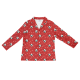 This is a long sleeve button-down pajama shirt in a Red Paws print with repeating pet faces on it[RedPawsLongSleevePajamaShirt]