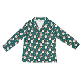 This is a long sleeve button-down pajama shirt in a Santa print with repeating pet faces on it[SantaLongSleevePajamaShirt]