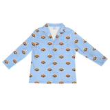 This is a long sleeve button-down pajama shirt in a Snowflakes print with repeating pet faces on it[SnowflakesLongSleevePajamaShirt]