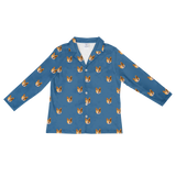 This is a long sleeve button-down pajama shirt in a Solid Blue print with repeating pet faces on it[SolidBlueLongSleevePajamaShirt]