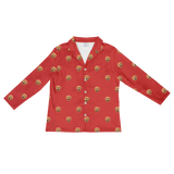 This is a long sleeve button-down pajama shirt in a Solid Red print with repeating pet faces on it[SolidRedLongSleevePajamaShirt]