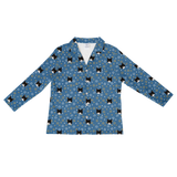 This is a long sleeve button-down pajama shirt in a Star of David print with repeating pet faces on it[StarofDavidLongSleevePajamaShirt]