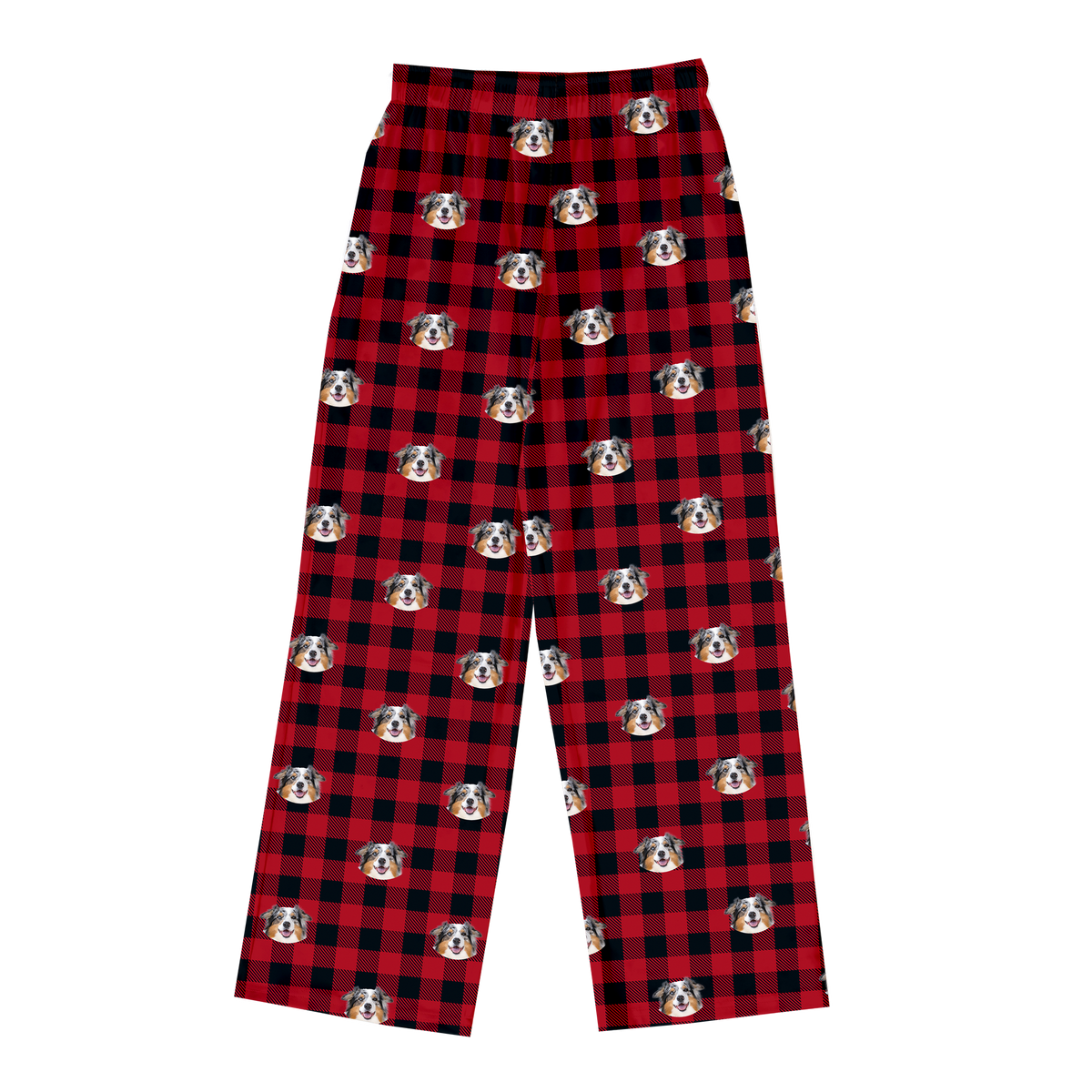 These are pajama pants in a Buffalo Plaid print with repeating pet faces on them[BuffaloPlaidPajamaPants]