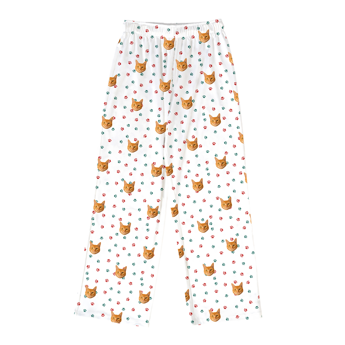 These are pajama pants in a Christmas Paws print with repeating pet faces on them[ChristmasPawsPajamaPants]