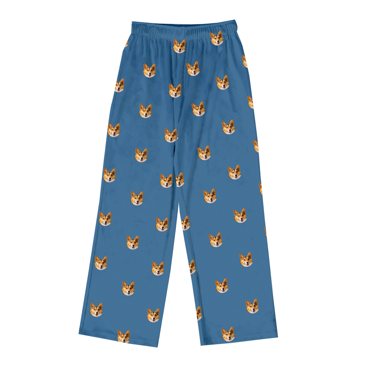 These are pajama pants in a Solid Blue print with repeating pet faces on them[SolidBluePajamaPants]