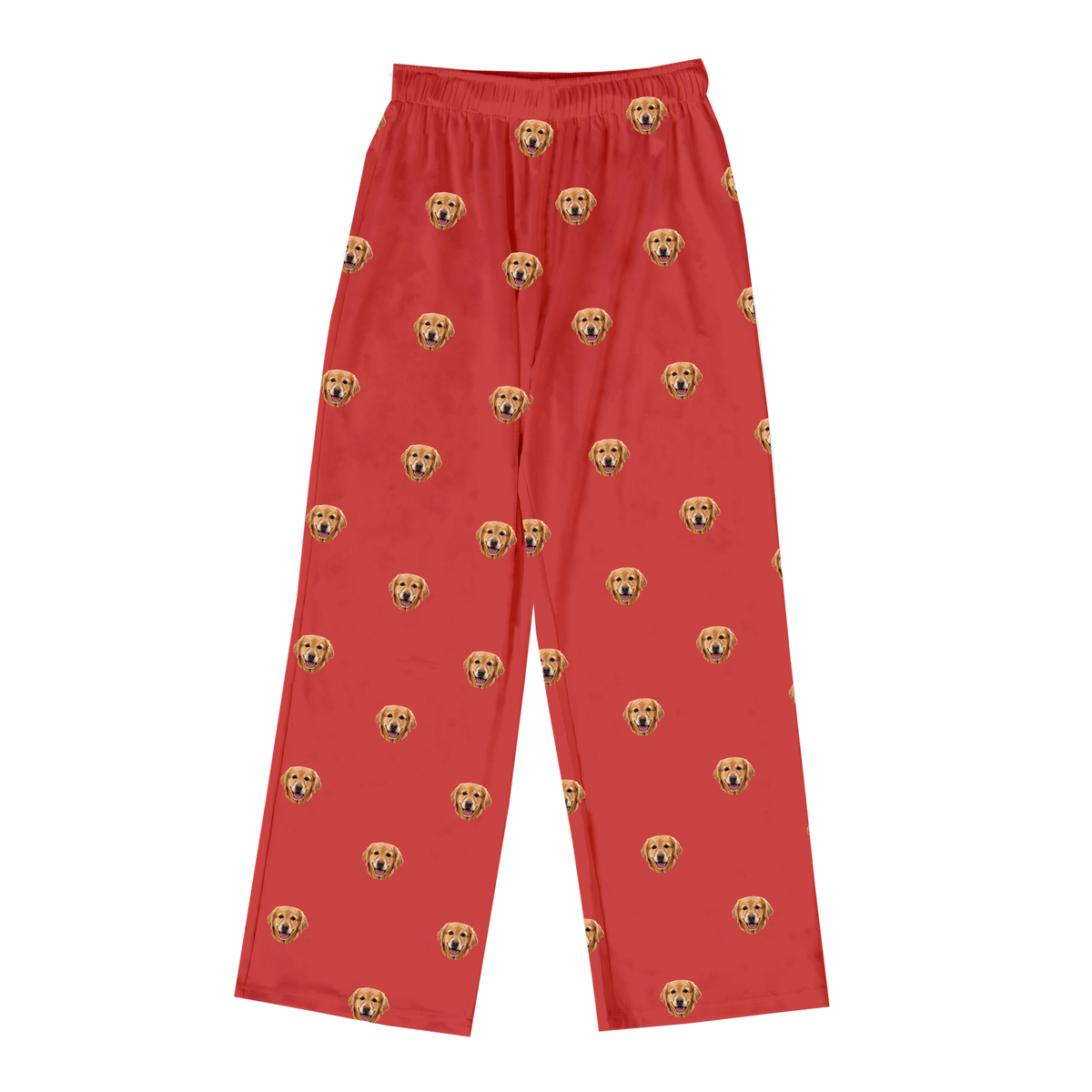 These are pajama pants in a Solid Red print with repeating pet faces on them[SolidRedPajamaPants]