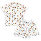 This is a Christmas Paws print pajama set with a short sleeve button-down shirt and pajama shorts covered in repeating pet faces[ChristmasPawsShortSleevePajamaShirt&ShortsSet]