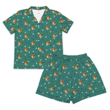 This is a Green Paws print pajama set with a short sleeve button-down shirt and pajama shorts covered in repeating pet faces[GreenPawsShortSleevePajamaShirt&ShortsSet]