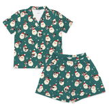 This is a Santa print pajama set with a short sleeve button-down shirt and pajama shorts covered in repeating pet faces[SantaShortSleevePajamaShirt&ShortsSet]