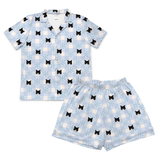 This is a Snowy Gingham print pajama set with a short sleeve button-down shirt and pajama shorts covered in repeating pet faces[SnowyGinghamShortSleevePajamaShirt&ShortsSet]