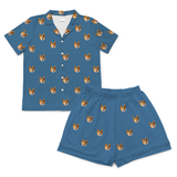 This is a Solid Blue print pajama set with a short sleeve button-down shirt and pajama shorts covered in repeating pet faces[SolidBlueShortSleevePajamaShirt&ShortsSet]