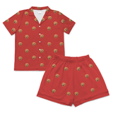 This is a Solid Red print pajama set with a short sleeve button-down shirt and pajama shorts covered in repeating pet faces[SolidRedShortSleevePajamaShirt&ShortsSet]