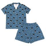 This is a Star of David print pajama set with a short sleeve button-down shirt and pajama shorts covered in repeating pet faces[StarofDavidShortSleevePajamaShirt&ShortsSet]