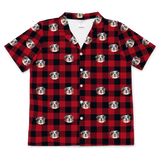 This is a short sleeve button-down pajama shirt in a Buffalo Plaid print with repeating pet faces on it[BuffaloPlaidShortSleevePajamaShirt]