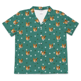 This is a short sleeve button-down pajama shirt in a Green Paws print with repeating pet faces on it[GreenPawsShortSleevePajamaShirt]