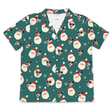 This is a short sleeve button-down pajama shirt in a Santa print with repeating pet faces on it[SantaShortSleevePajamaShirt]