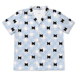 This is a short sleeve button-down pajama shirt in a Snowy Gingham print with repeating pet faces on it[SnowyGinghamShortSleevePajamaShirt]
