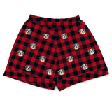These are pajama shorts in a Buffalo Plaid print with repeating pet faces on them[BuffaloPlaidPajamaShorts]