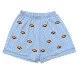 These are pajama shorts in a Snowflakes print with repeating pet faces on them[SnowflakesPajamaShorts]