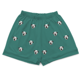 These are pajama shorts in a Solid Green print with repeating pet faces on them[SolidGreenPajamaShorts]