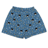 These are pajama shorts in a Star of David print with repeating pet faces on them[StarofDavidPajamaShorts]
