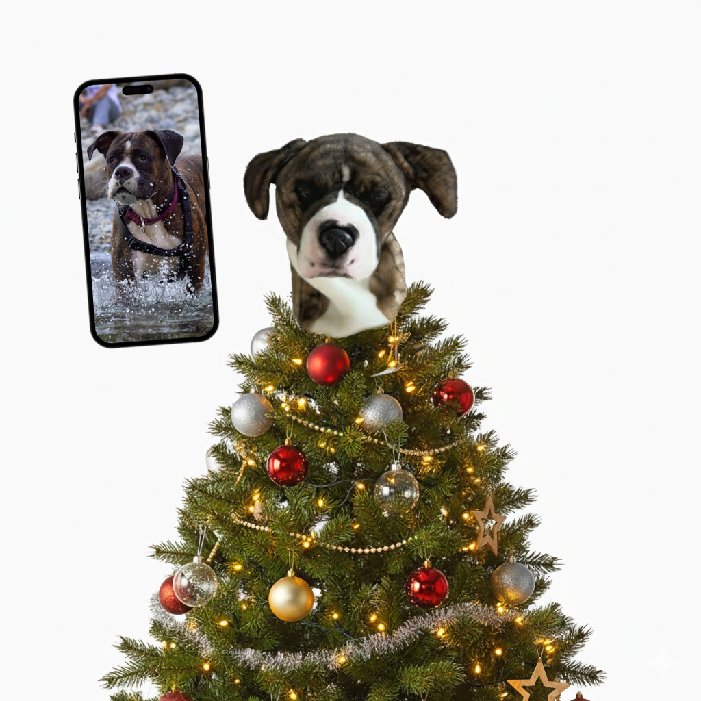 Dog on a decorated Christmas tree with a phone showing a photo of the dog.