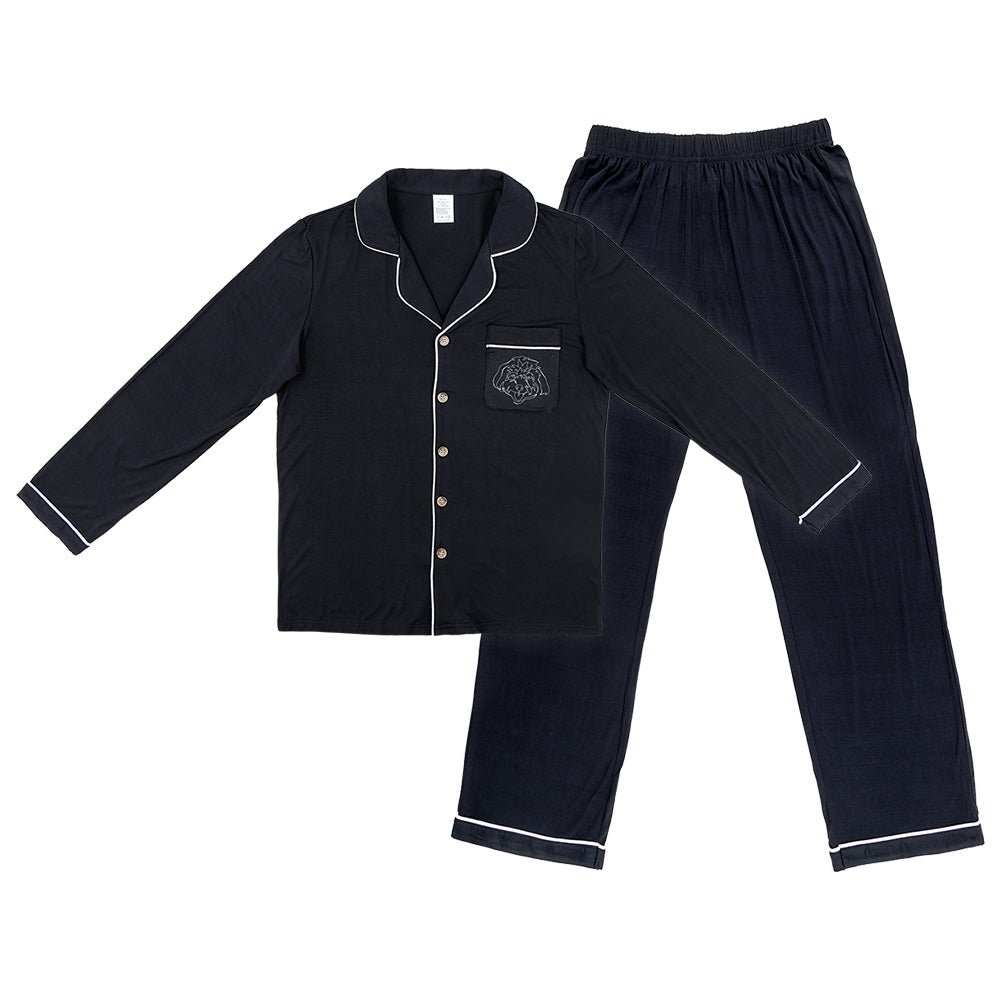 Premium women’s bamboo pajama set in black which contains a long sleeve shirt with buttons and a long pants. Custom pet portrait on the chest pocket[BlackLongPajamaSet(Shirt&Pants)]