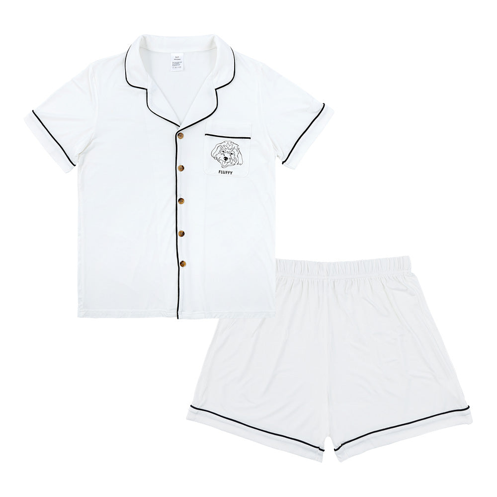 Premium women’s bamboo pajama set in ivory which contains a short sleeve shirt with buttons and a short pajama. Custom pet portrait on the chest pocket