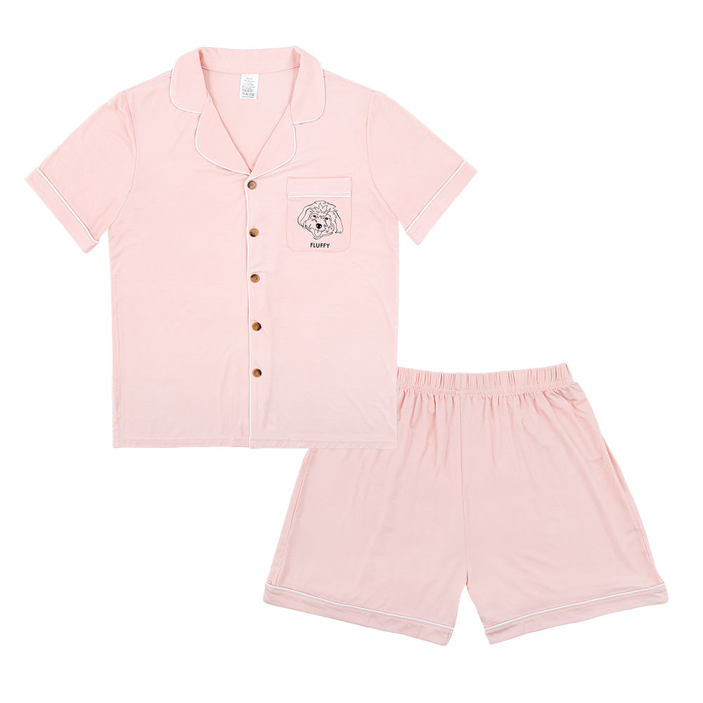 Premium women’s bamboo pajama set in light pink which contains a short sleeve shirt with buttons and a short pajama. Custom pet portrait on the chest pocket[LightPinkShortPajamaSet(Shirt&Shorts)]