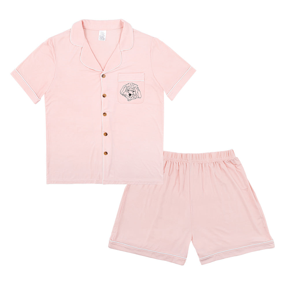 Premium women’s bamboo pajama set in light pink which contains a short sleeve shirt with buttons and a short pajama. Custom pet portrait on the chest pocket[LightPinkShortPajamaSet(Shirt&Shorts)]