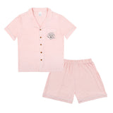 Premium women’s bamboo pajama set in light pink which contains a short sleeve shirt with buttons and a short pajama. Custom pet portrait on the chest pocket[LightPinkShortPajamaSet(Shirt&Shorts)]