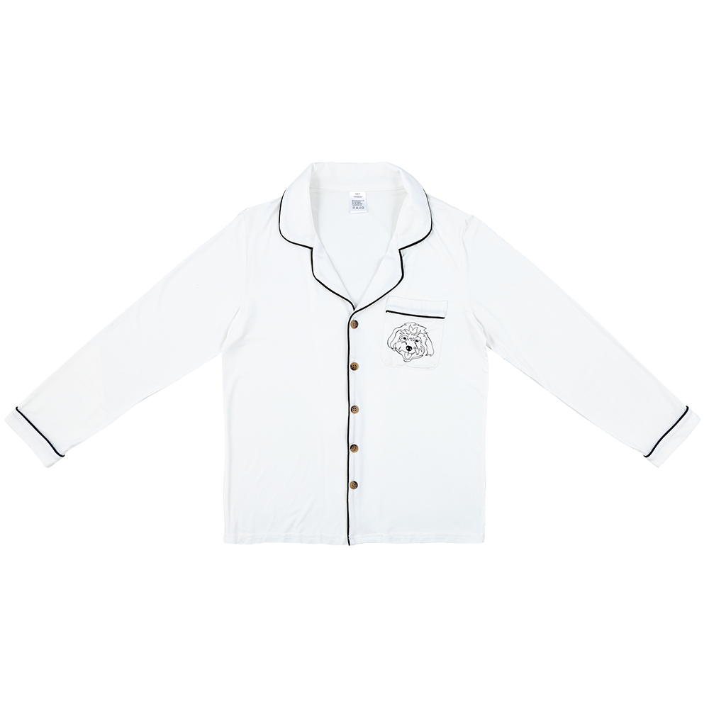 Premium women’s bamboo pajama in ivory which contains a long sleeve shirt with buttons. Custom pet portrait on the chest pocket
