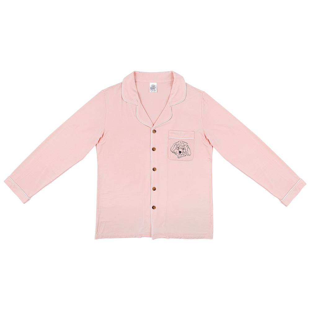 Premium women’s bamboo pajama in light pink which contains a long sleeve shirt with buttons. Custom pet portrait on the chest pocket