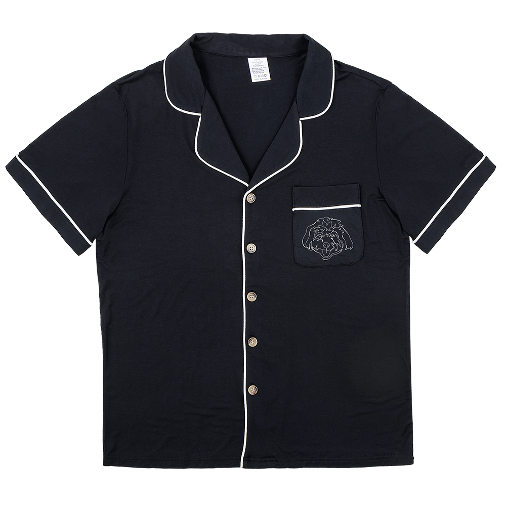 Premium women’s bamboo pajama short sleeve shirt with buttons in black. Custom pet portrait on the chest pocket[BlackShortPajamaShirt]
