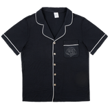Premium women’s bamboo pajama short sleeve shirt with buttons in black. Custom pet portrait on the chest pocket[BlackShortPajamaShirt]