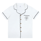 Premium women’s bamboo pajama short sleeve shirt with buttons in ivory. Custom pet portrait on the chest pocket
