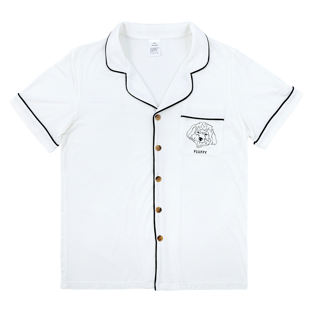 Premium women’s bamboo pajama short sleeve shirt with buttons in ivory. Custom pet portrait on the chest pocket