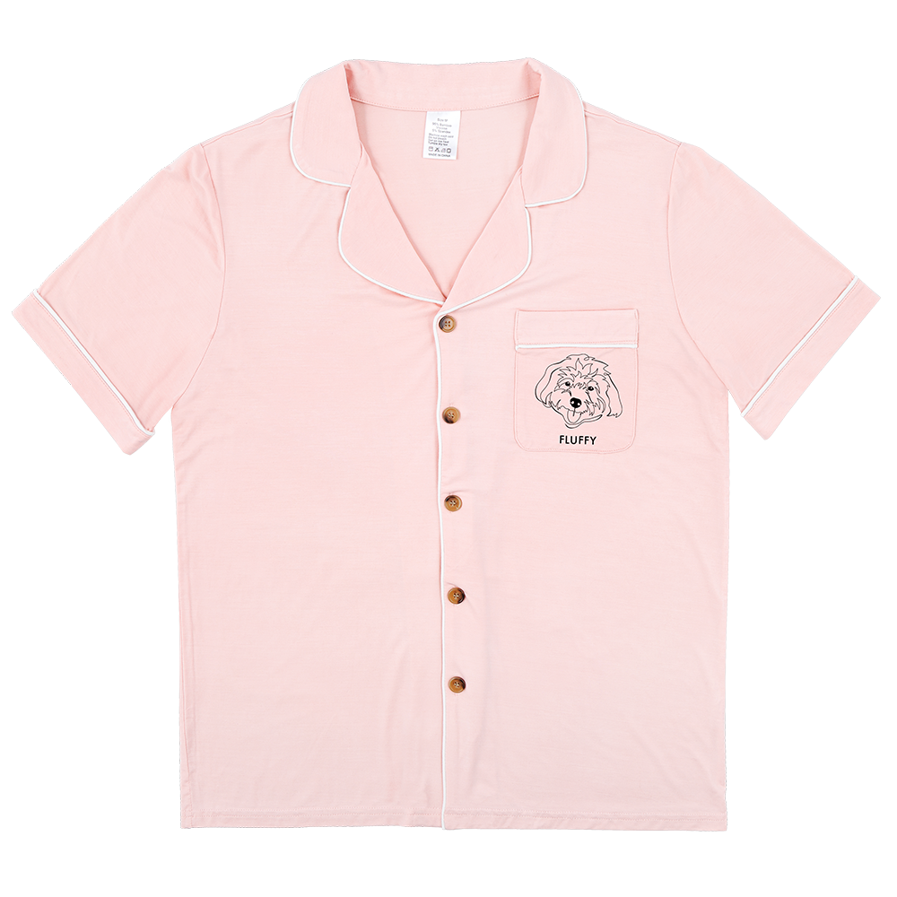 Premium women’s bamboo pajama short sleeve shirt with buttons in light pink. Custom pet portrait on the chest pocket[LightPinkShortPajamaShirt]