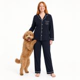 Black premium women’s bamboo pajama with a dog on a white background