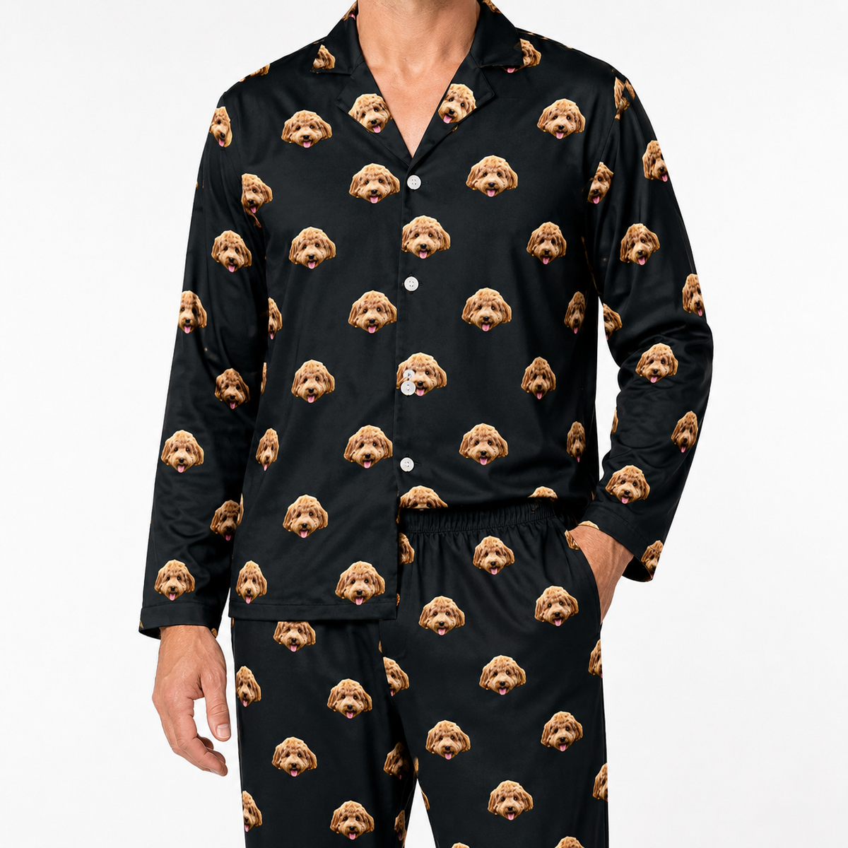 Black pajama set with dog pattern on a white background