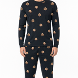 Black jogger pajama set with dog pattern on a white background
