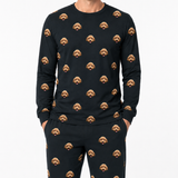 Black jogger pajama set with dog pattern on a white background