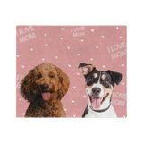 Hearts pattern blanket with the phrase "I Love Mom", featuring custom portraits of two pets.
