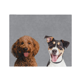 Gray blanket featuring the portraits of two dogs.