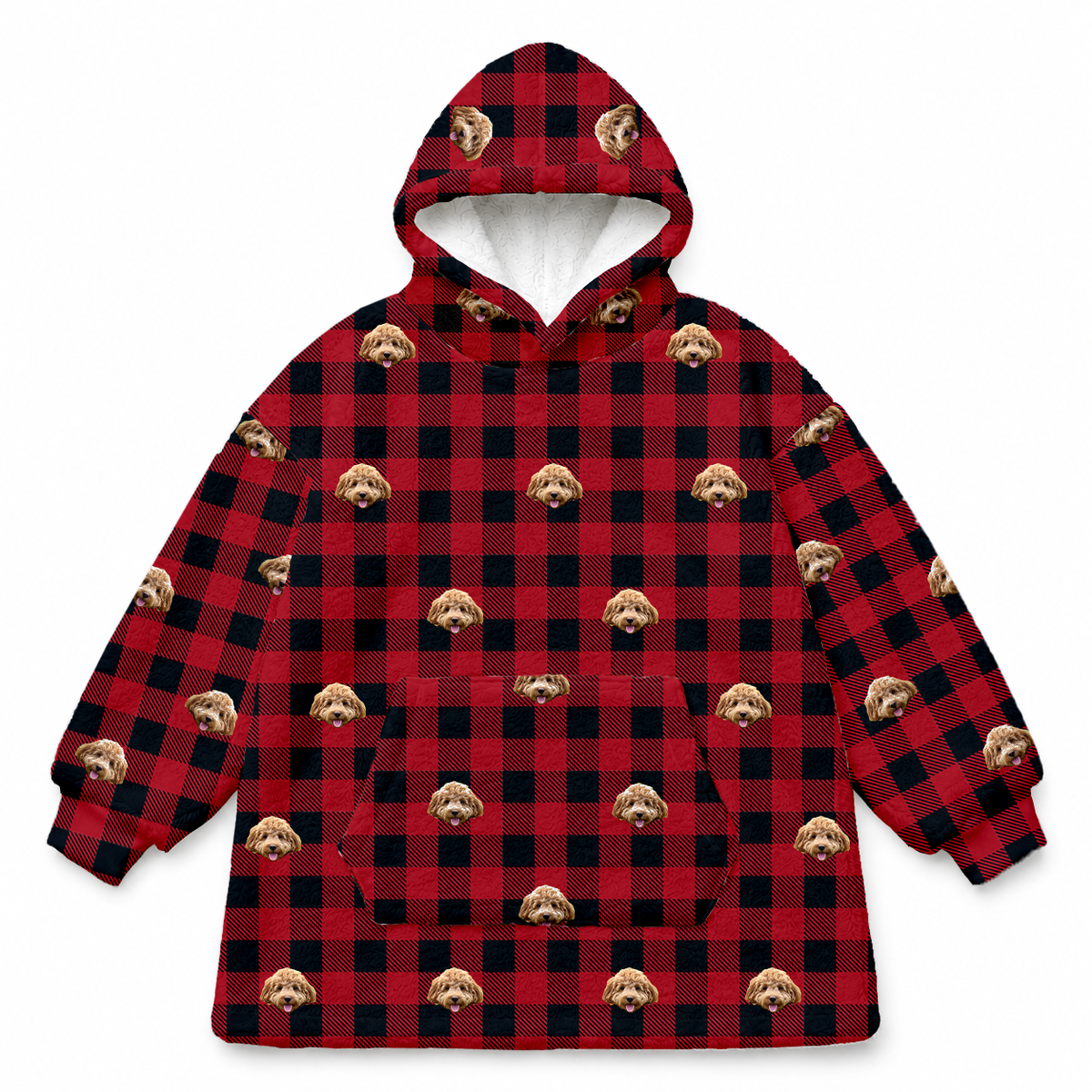 This is a fleece blanket hoodie in a Buffalo Plaid print with repeating pet faces on it[BuffaloPlaidFleeceBlanketHoodie]