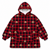 This is a fleece blanket hoodie in a Buffalo Plaid print with repeating pet faces on it[BuffaloPlaidFleeceBlanketHoodie]