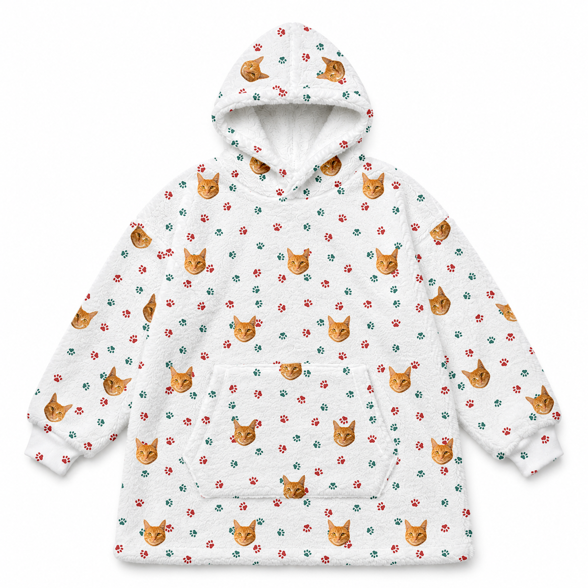 This is a fleece blanket hoodie in a Christmas Paws print with repeating pet faces on it[ChristmasPawsFleeceBlanketHoodie]